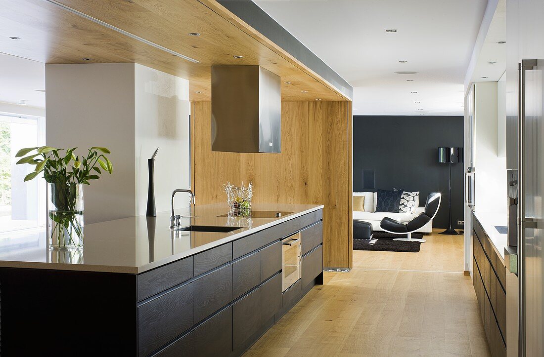 Offene Küche - Küchenblock mit glänzender Arbeitsplatte und schwarzen Schubläden vor Raumteiler in Holz und Blick in Wohnraum