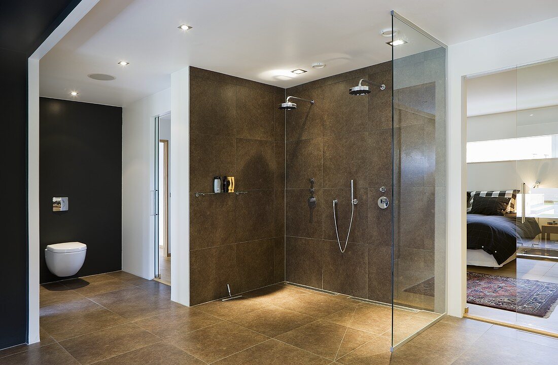 A large shower area and a toilet against a black wall in a designer bathroom with a view into a bedroom