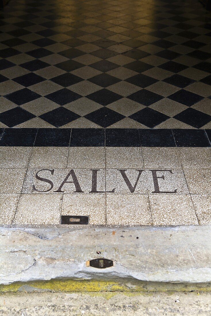 Latin greeting chiseled in stone and a floor with a checkerboard pattern