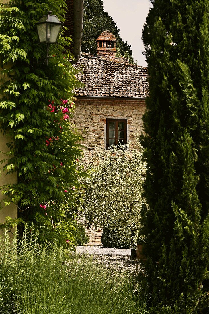 View of the natural stone facade of a Mediterranean home and a garden with cypresses