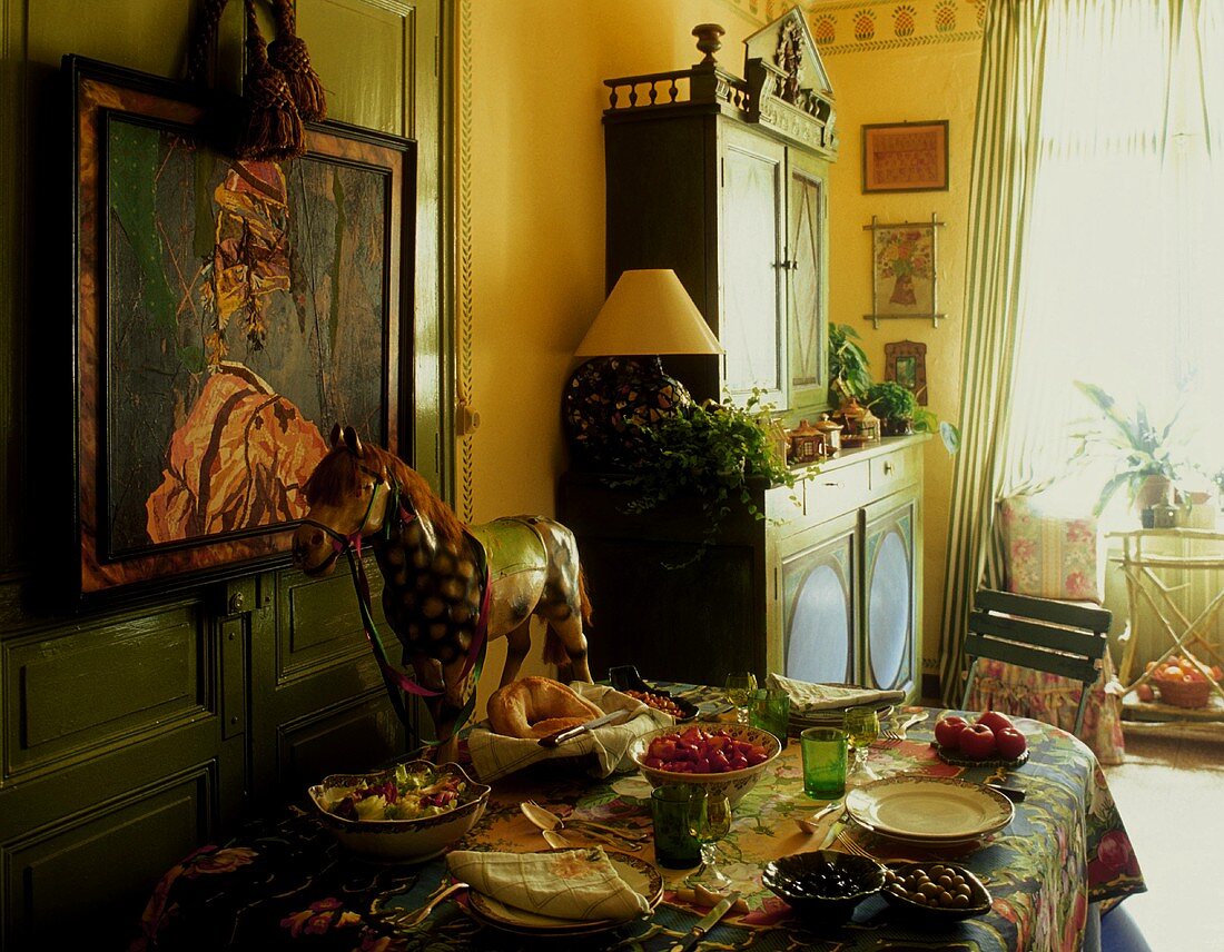 Set table in the dining room of a country home