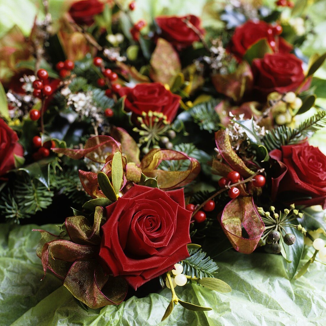 A bunch of Christmas flowers with red roses