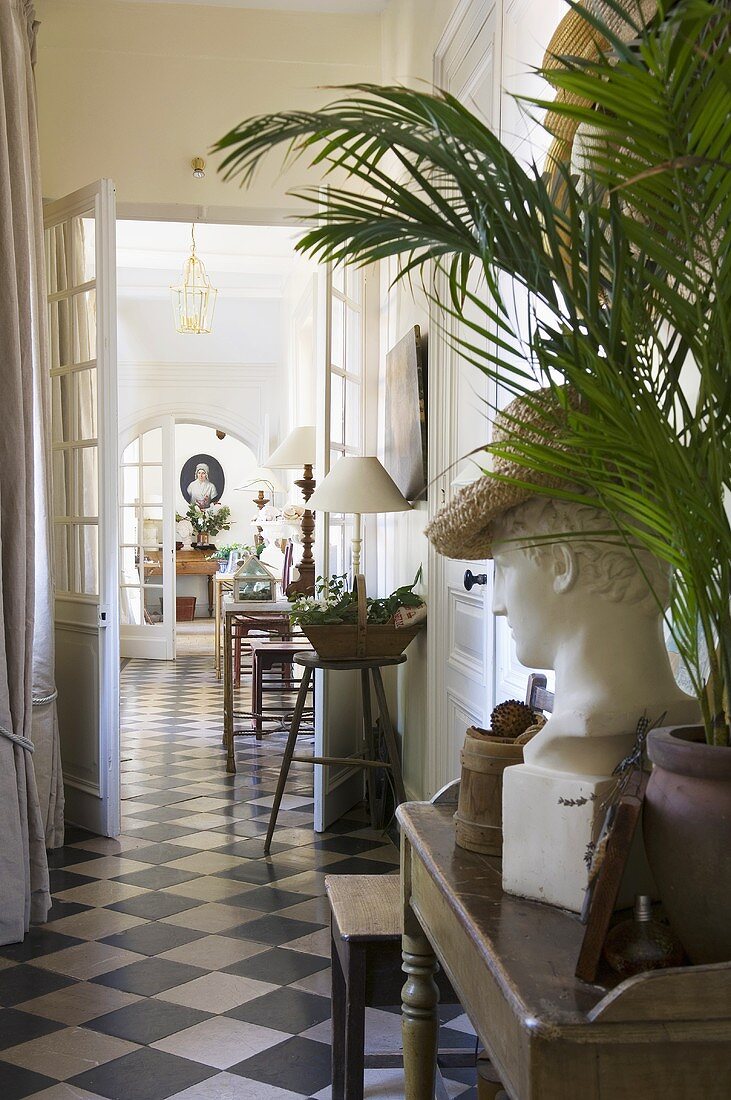 A bust and a palm tree on a wooden wall table in the corridor of a country house with a black and white tiled floor