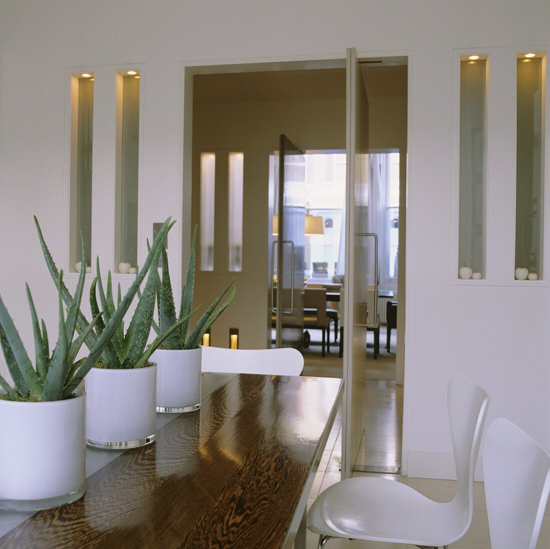 A row of cacti in white glass pots on a wooden table and wall niches either side of the open door with a view of a dining room