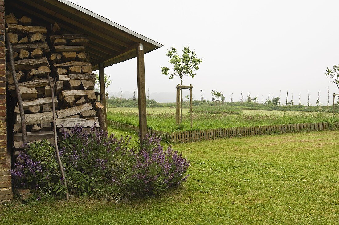 Holzstapel unter Vordach und blühende Lavendelbüsche mit Blick auf südländische Landschaft