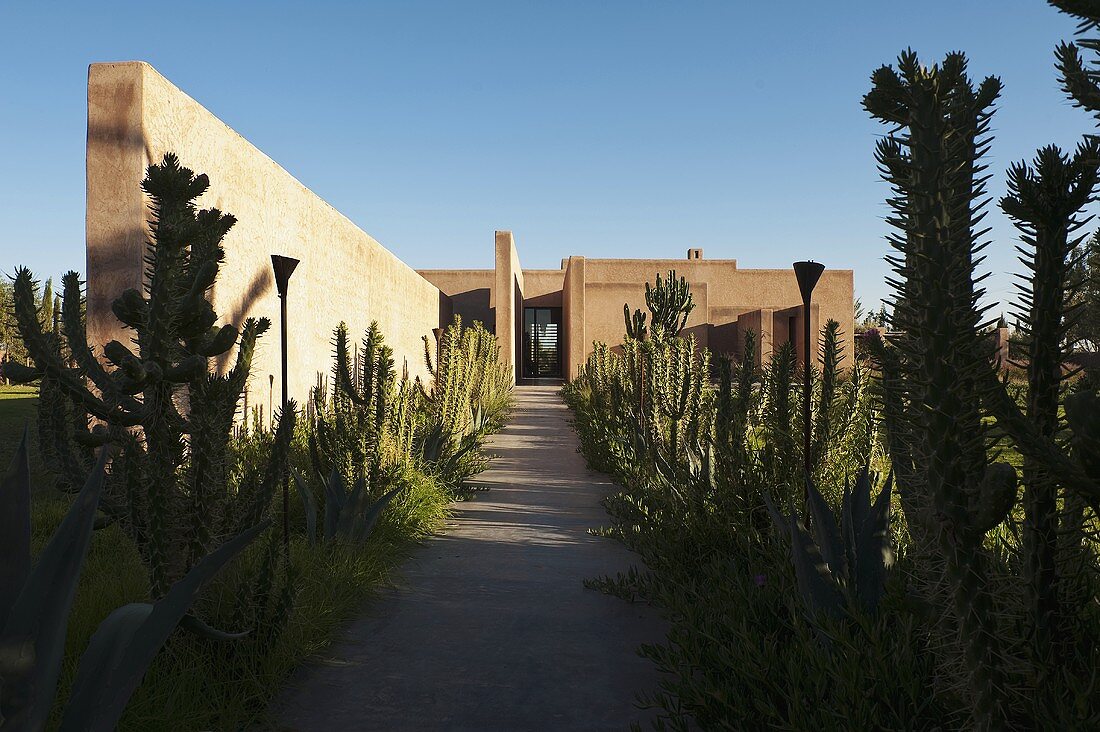 An entrance to a Moroccan villa with a garden