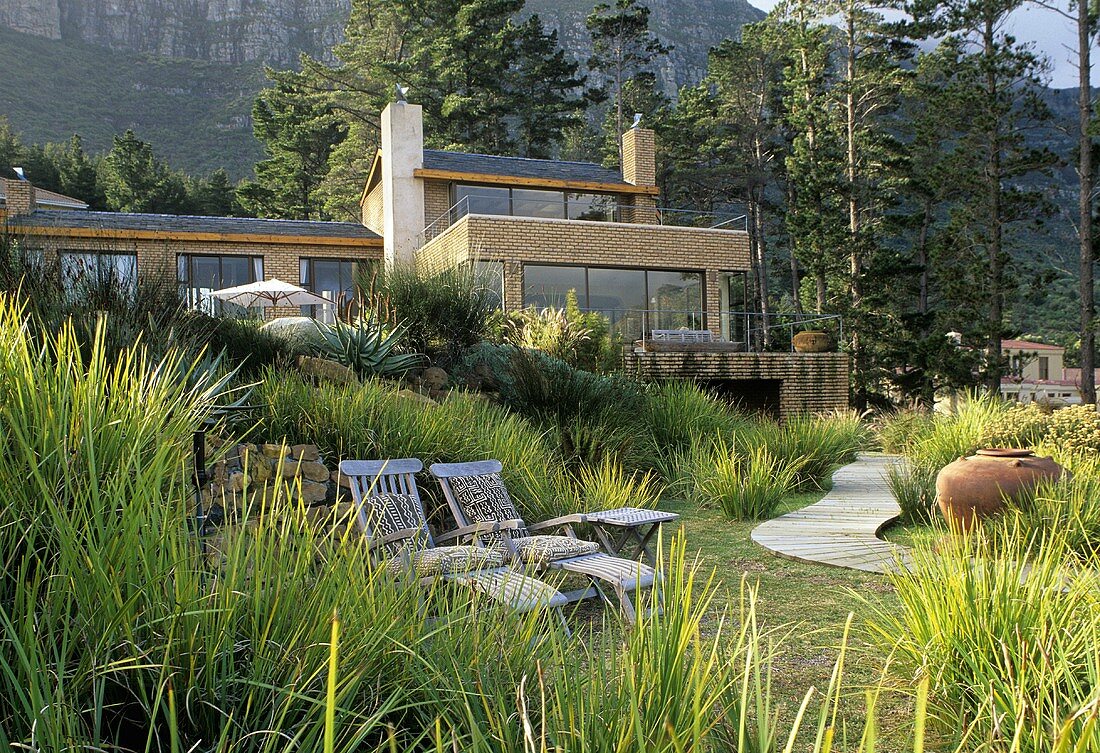Garten mit Grasbüschen und Liegestühlen vor südafrikanischem Haus