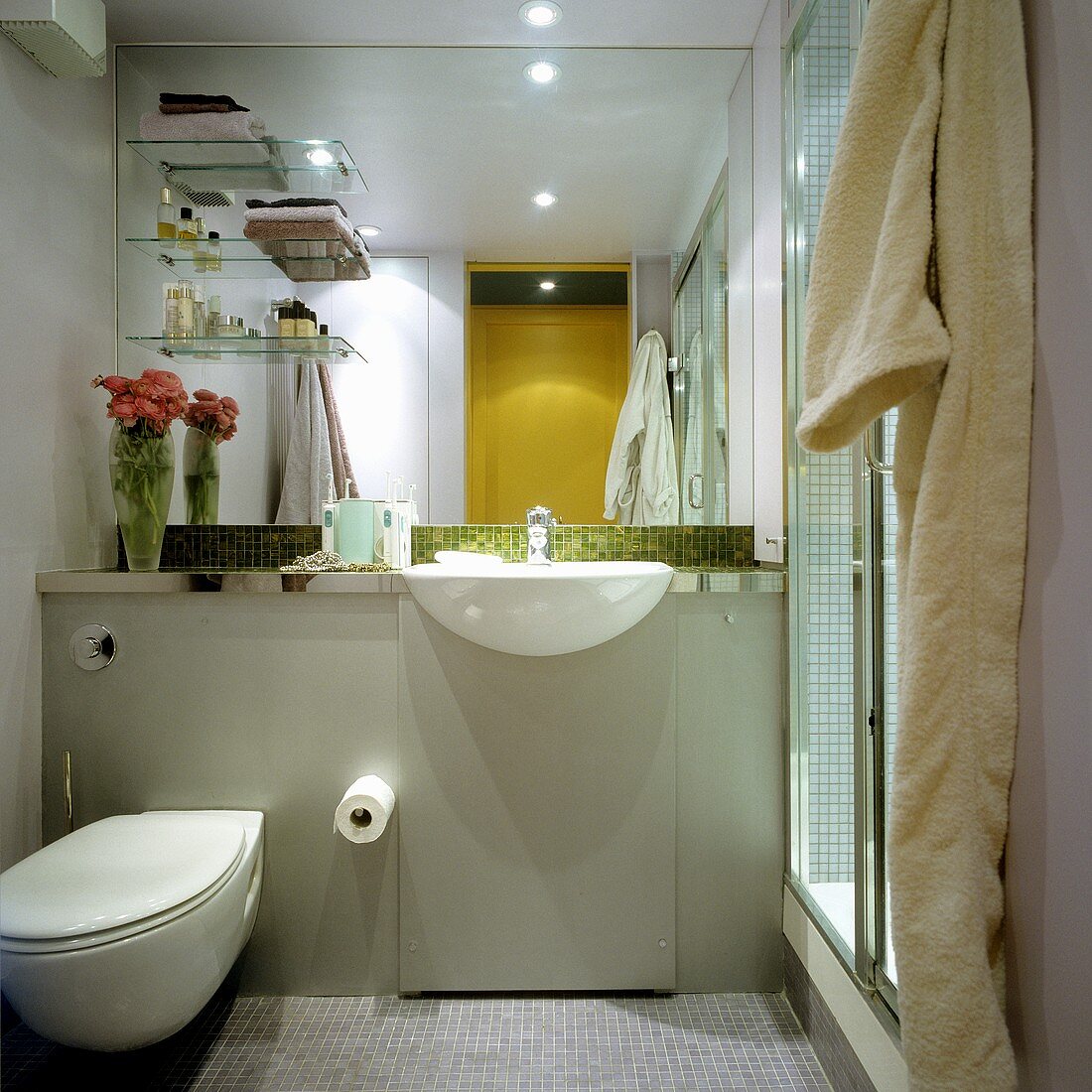 A bathroom with a toilet and a wash basin against a mirrored wall