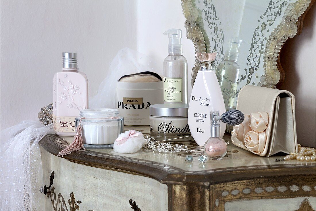 Cosmetics on a side table