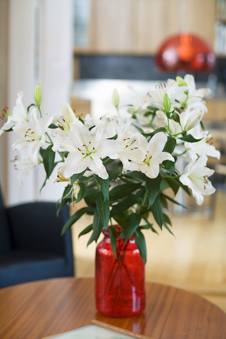 Bouquet of white lilies in a red vase