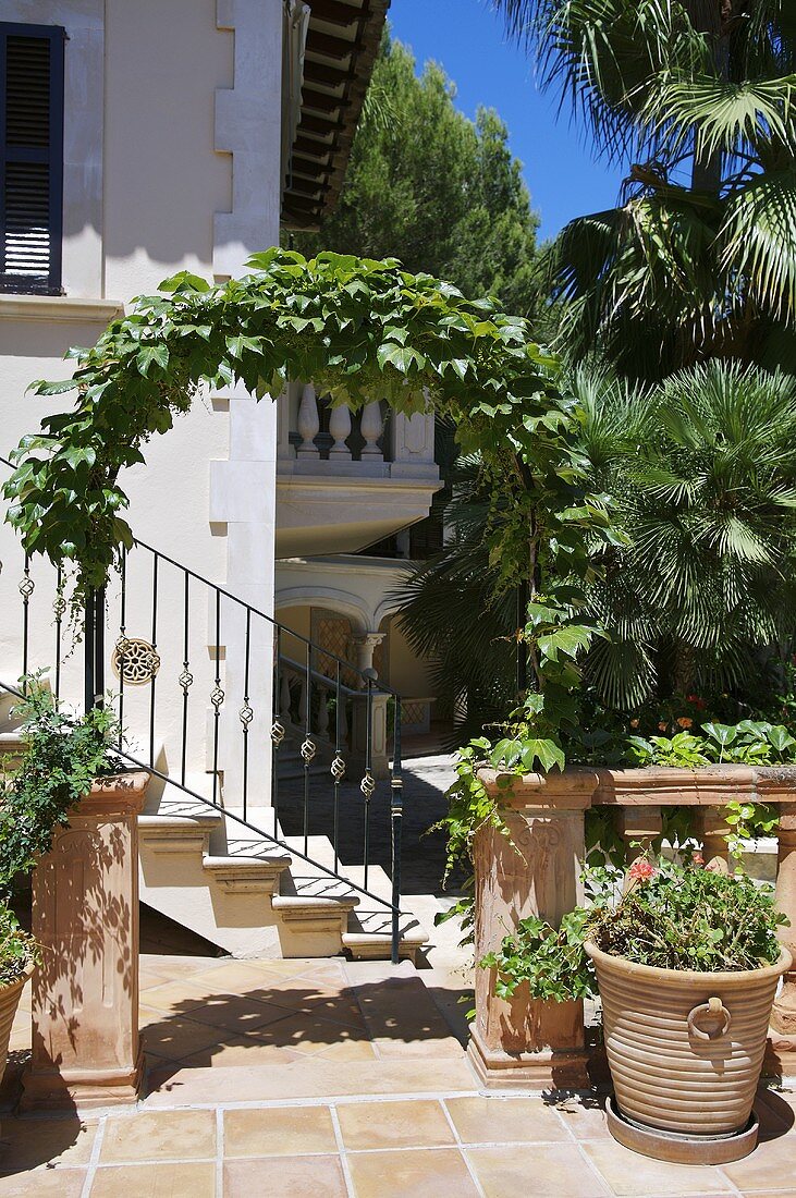 Mediterraner Terrasse mit Metallrundbogen und Efeu vor Treppe