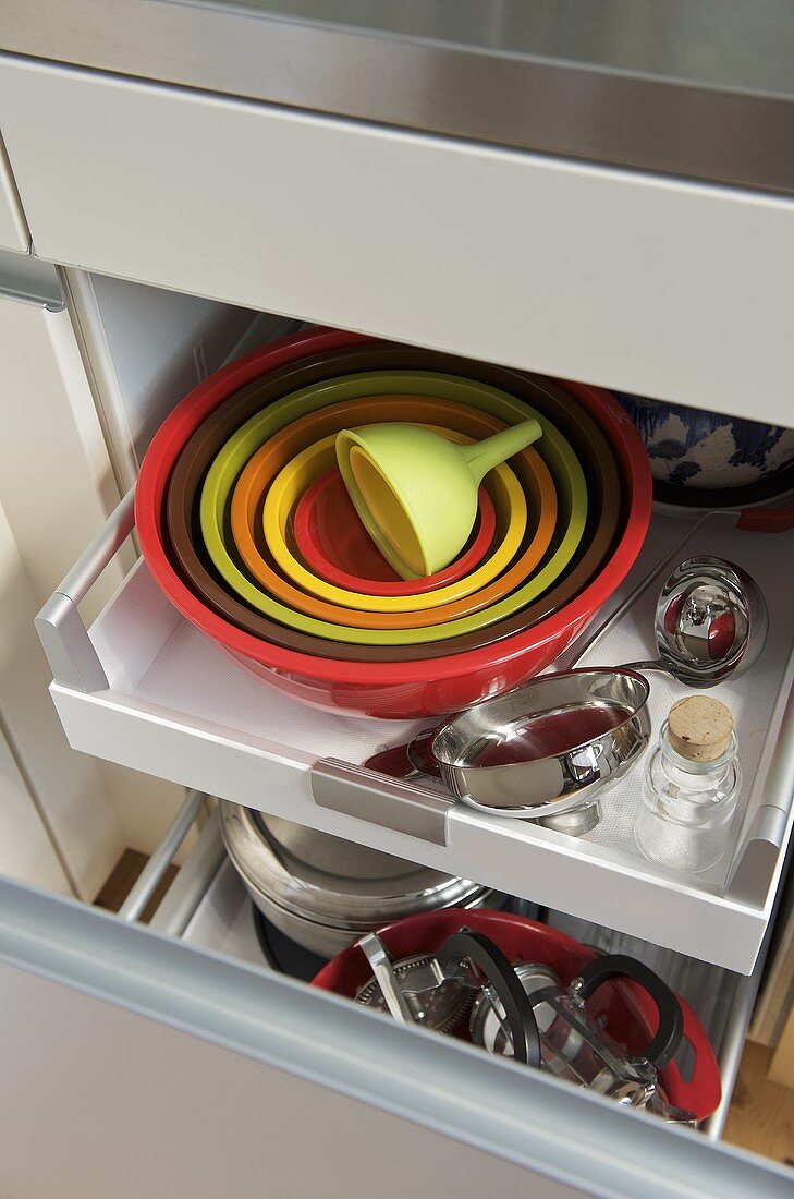 Cookware in storage drawer
