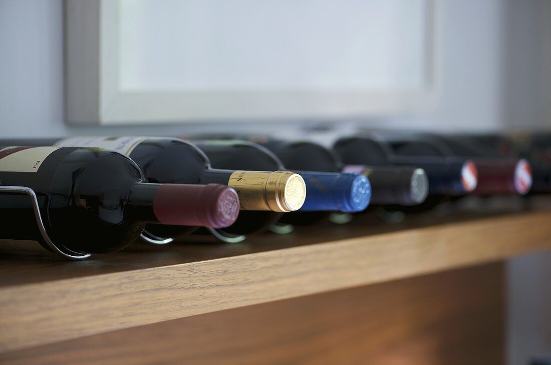 Bottles of wine on wooden shelf