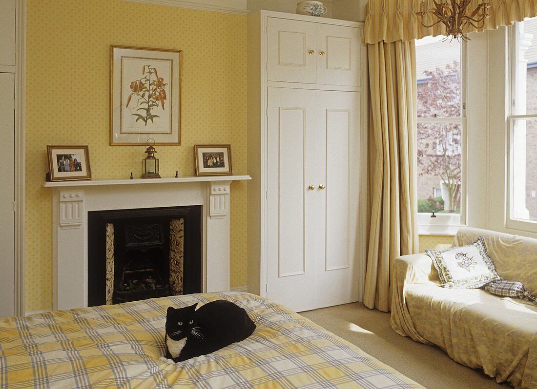 Gelbes Schlafzimmer mit Kamin und Katze auf Bett