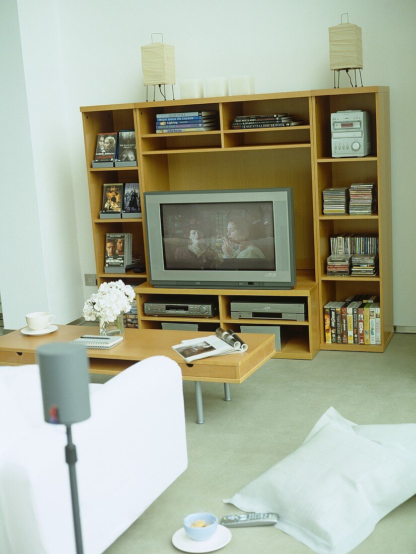 Sitting room with flat screen television and media storage unit.