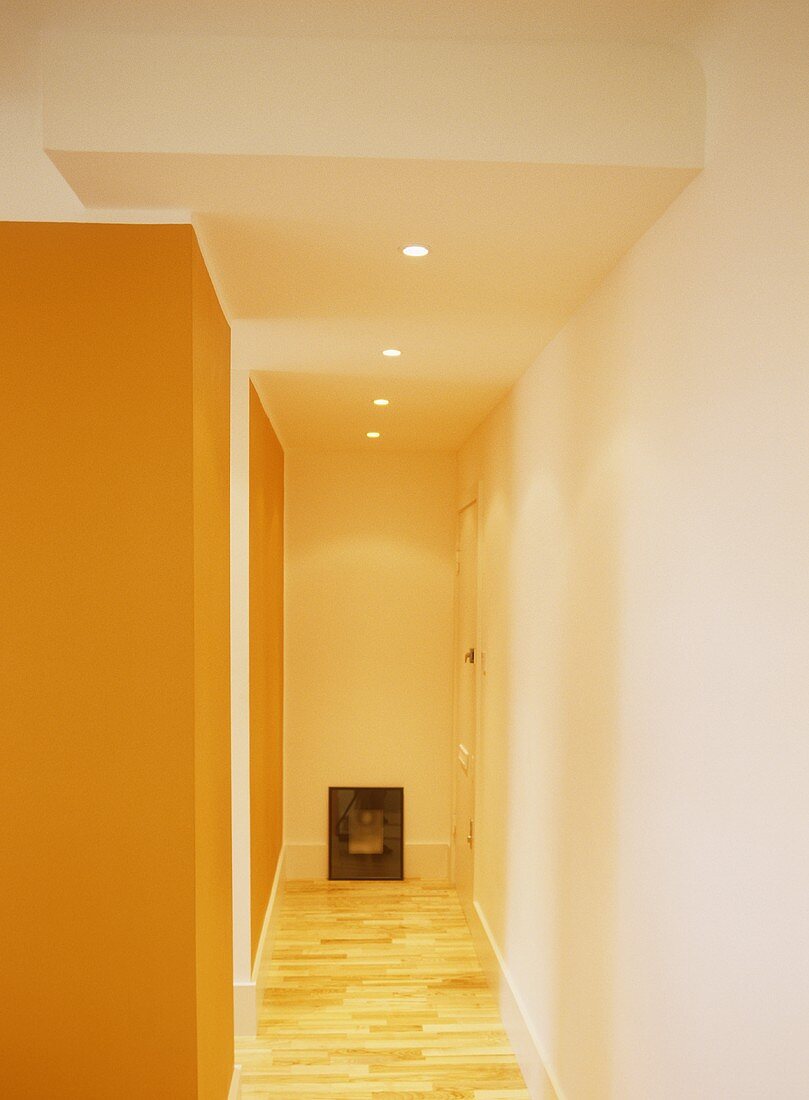 Moderner Flur mit oranger Wand und Deckeneinbaustrahler