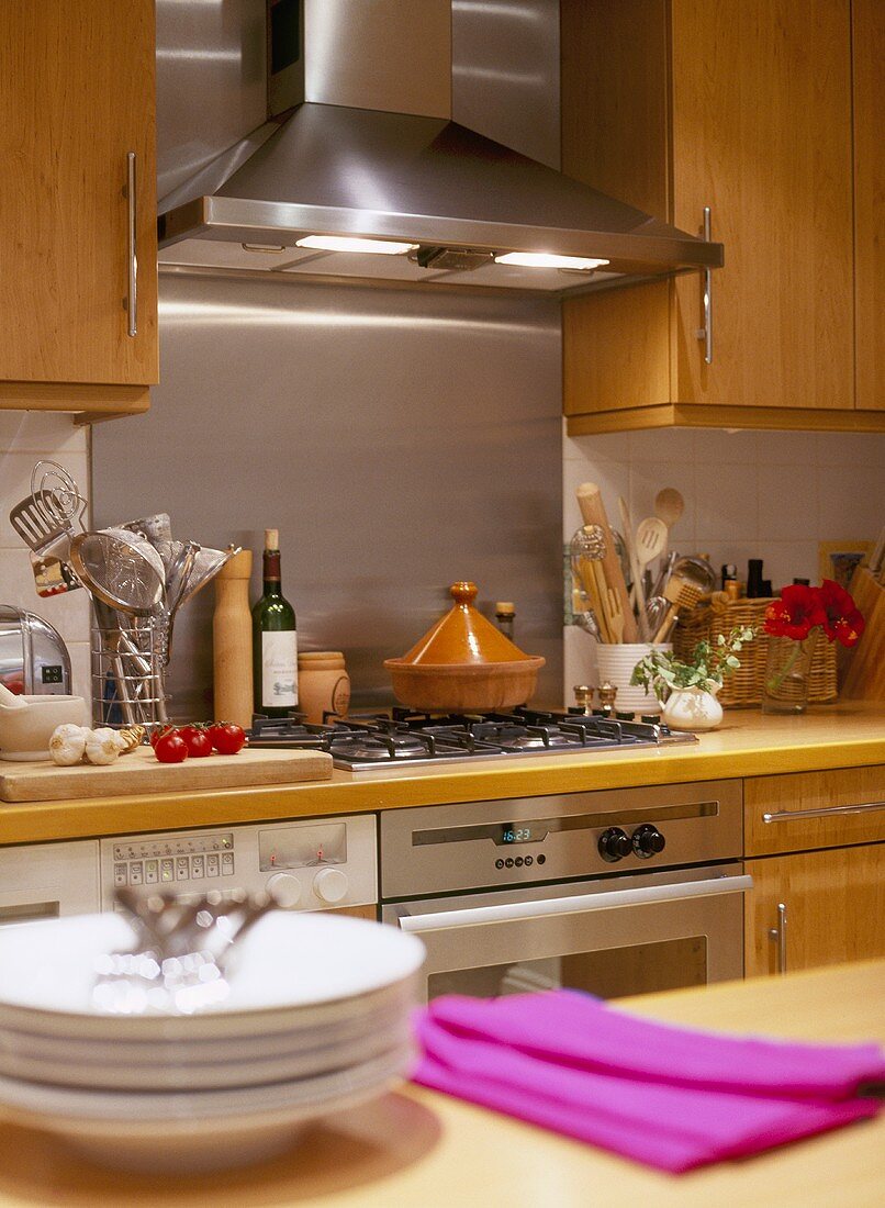 Ausschnitt aus einer modernen Küche mit Holzschränken und Edelstahldunstabzug mit Spritzschutz