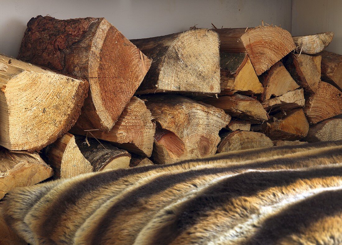 A stack of firewood for a fireplace behind a fur rug