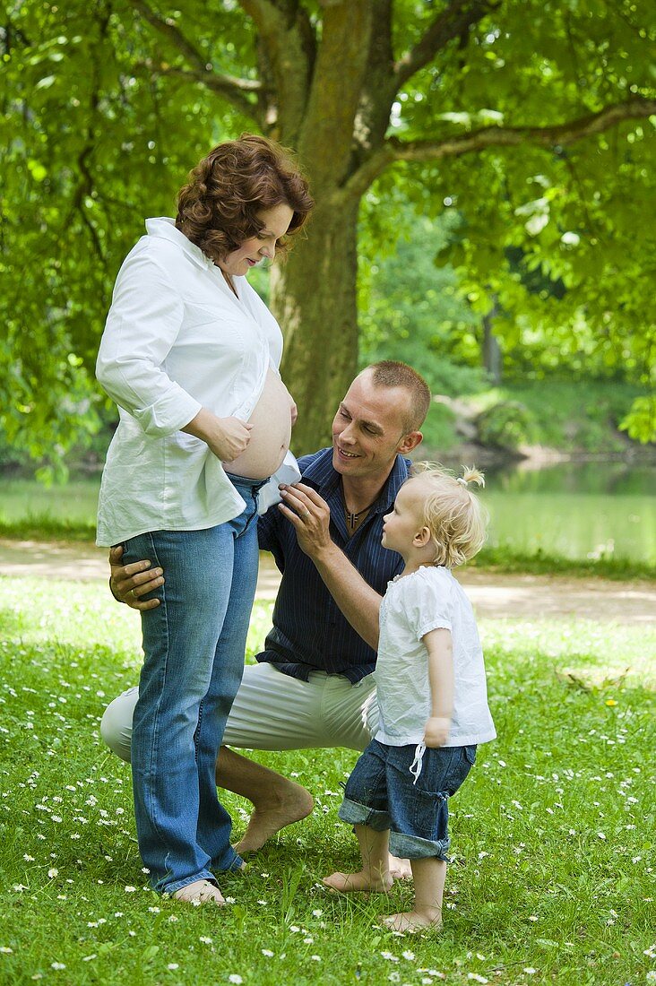 Vater und Tochter bewundern den dicken Bauch der schwangeren Mutter