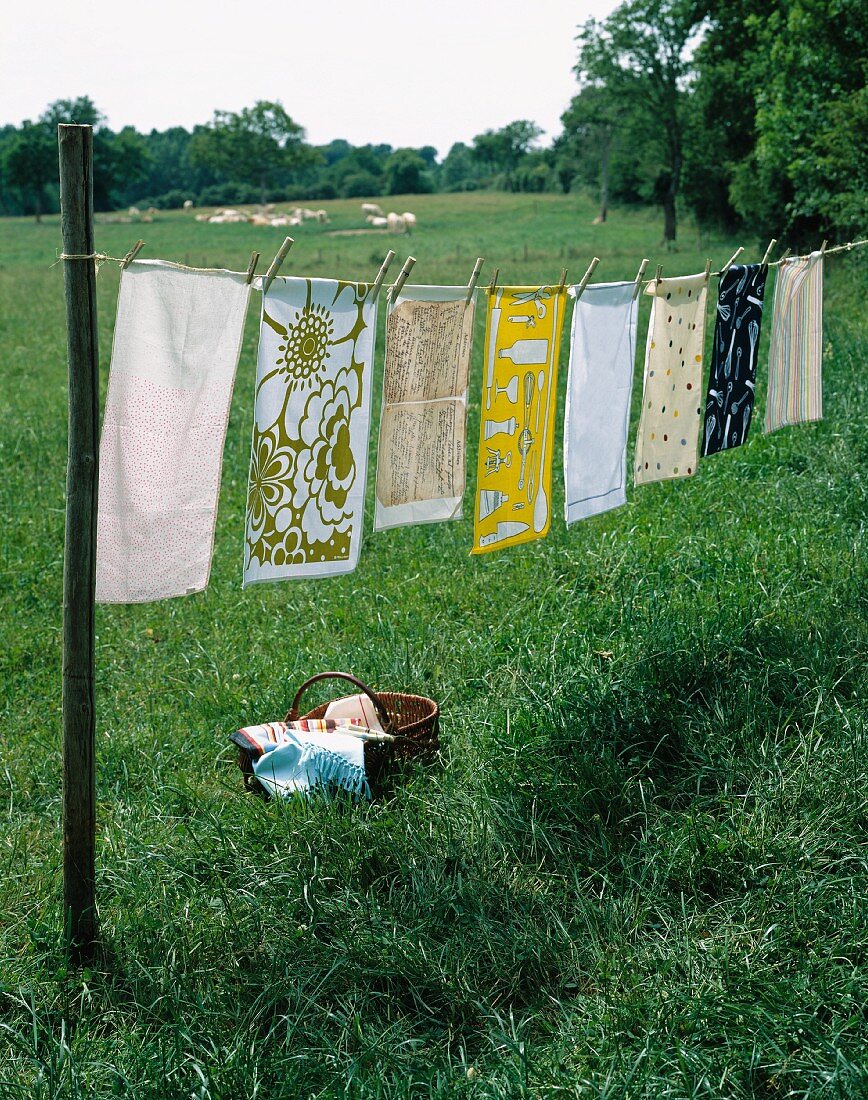 Tablecloths drying on a washing line in the garden