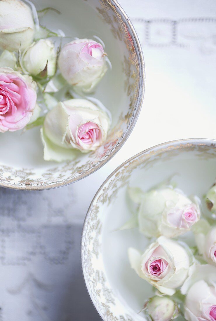 White roses in bowls of water