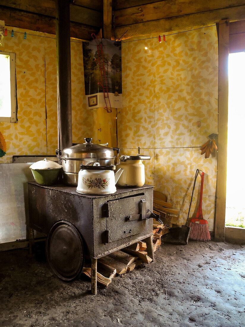 stove, oven with pots and pans, Altai, Siberia, Russia