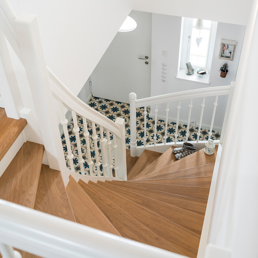 Staircase in family house with wooden steps and white railing, Korbach, Hesse, Germany, Europe