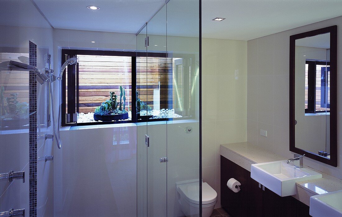 Modernes Bad mit Duschbereich und Trennwand aus Glas vor WC und Waschtisch