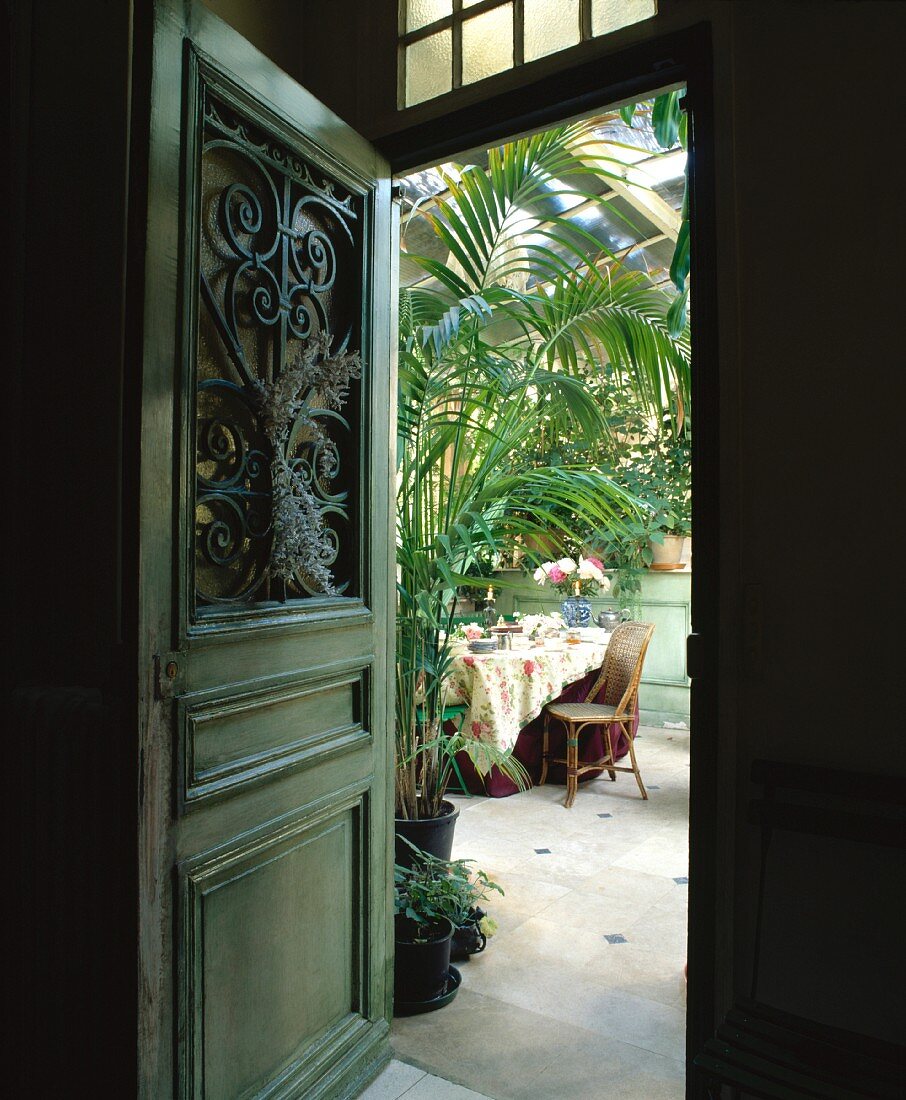 Blick durch grüne, alte Tür mit geschwungenem Schmiedeeisengitter in Wintergarten mit Palme