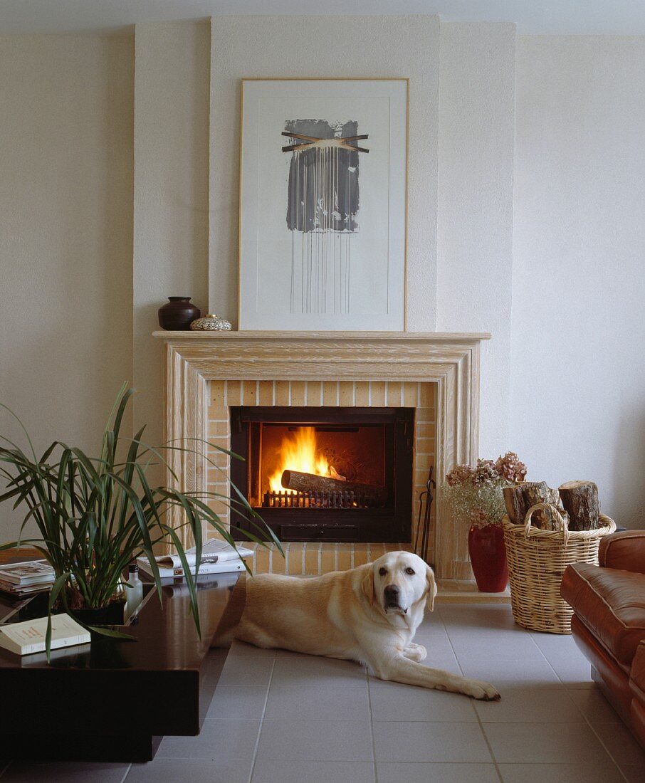 Hund vor brennendem Kamin mit zeitgenössischem Gemälde auf Sims in modernem Wohnzimmer mit Fliesenboden