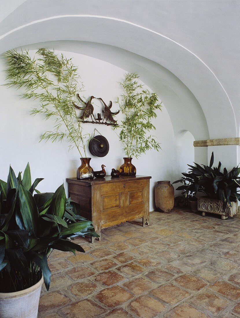 Holzkommode mit Bambuswedeln in Glasvasen in Mediterraner Raum mit weisser Gewölbedecke und Terracottaboden
