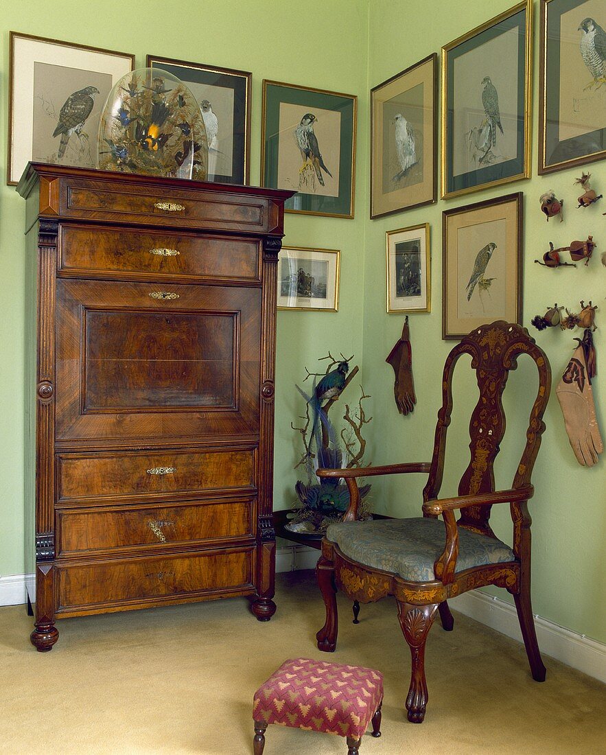 Antiker Stuhl, Kommode und eingerahmte Bilder mit Vogelmotiven in einer lindgrünen Halle