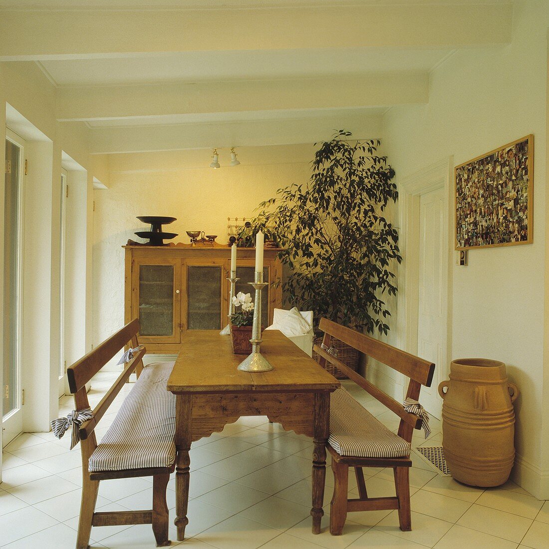 Antiker rechteckiger Tisch und Bänke aus Kiefernholz in einem weissen Esszimmer mit grosser Zimmerpflanze