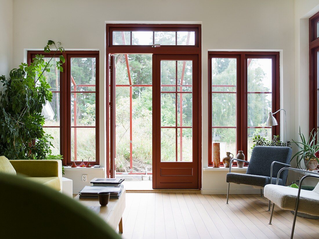 A living room with terrace doors