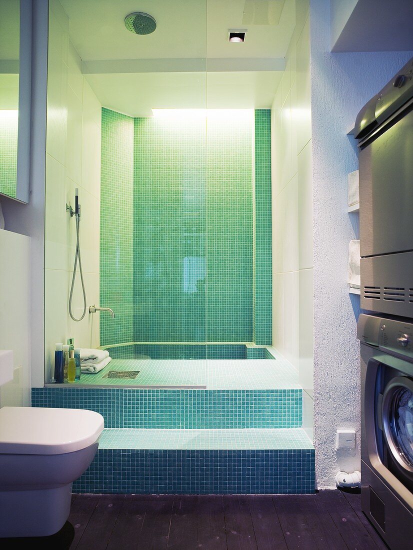 Bad mit eingelassener Badewanne und Mosaikfliesen