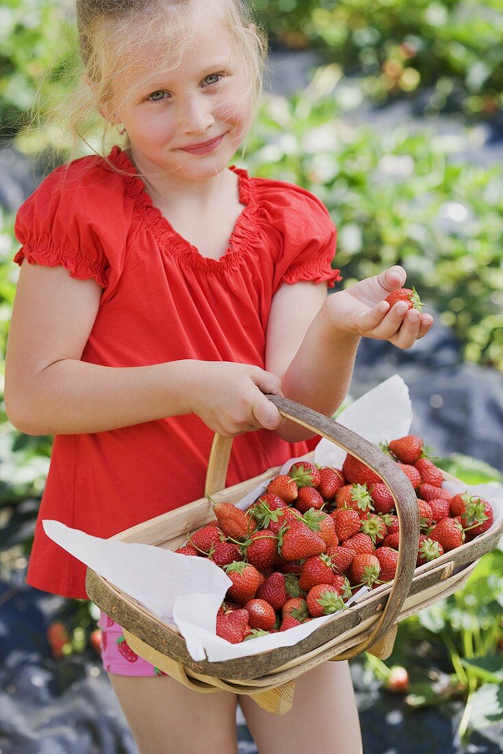 Mädchen mit Korb voll Erdbeeren im Garten