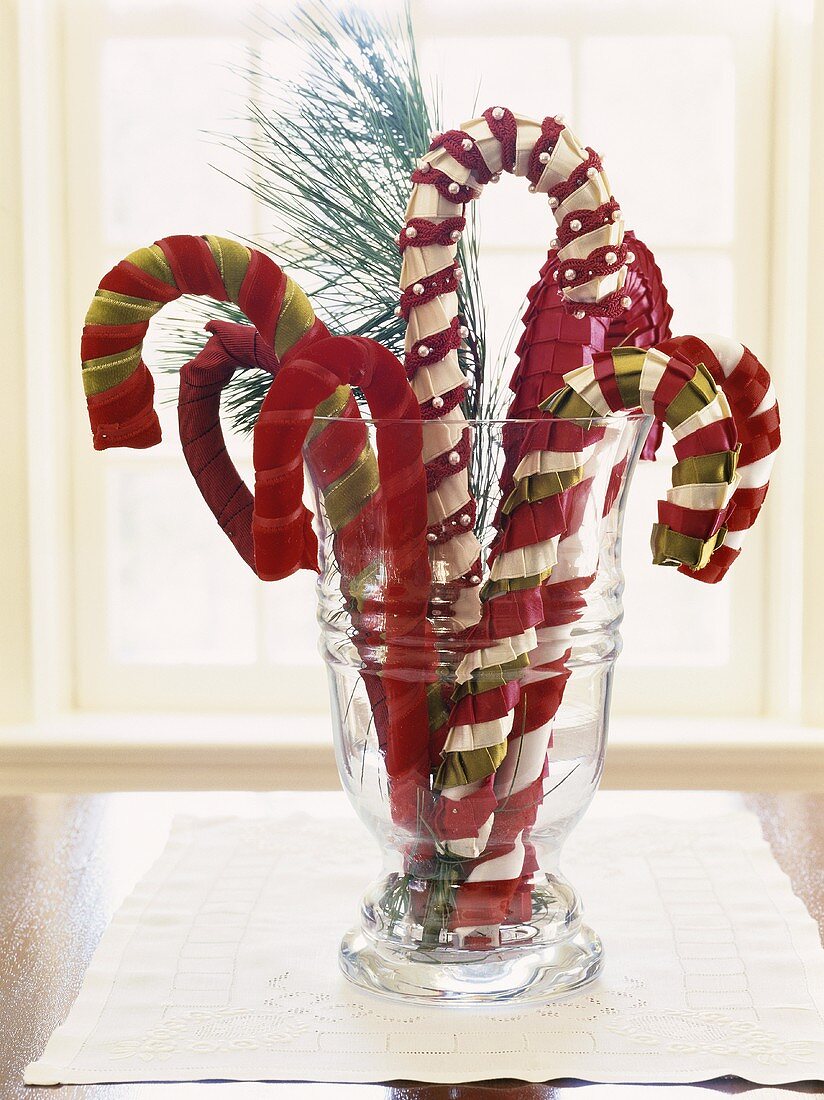 Fabric candy canes used as Christmas decoration
