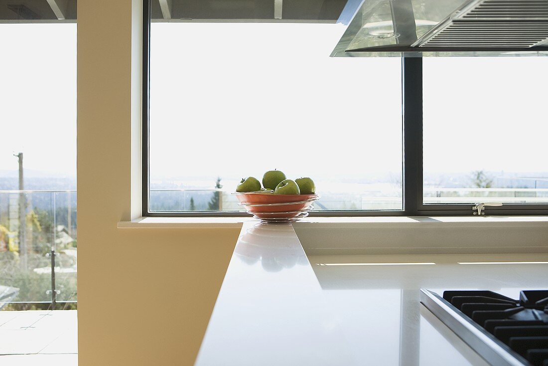 Schale mit Äpfeln auf Küchenablage vor Fensterfront