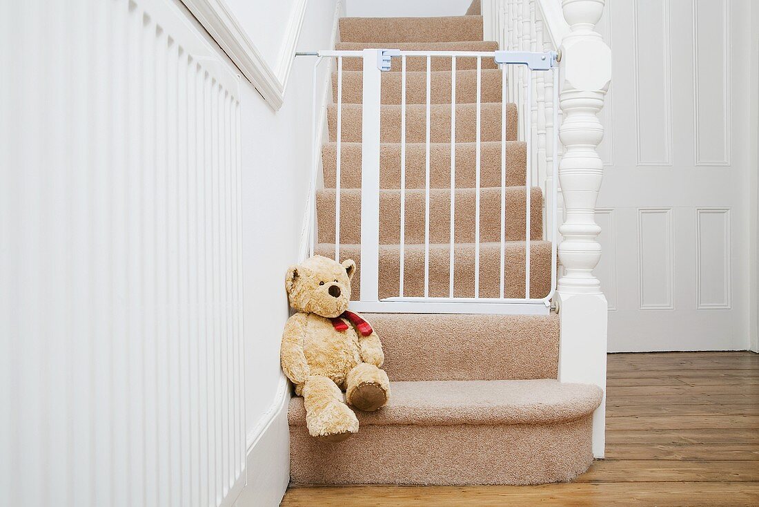 Teddybär vor Treppenschutzgitter am Treppenaufgang eines Flurs
