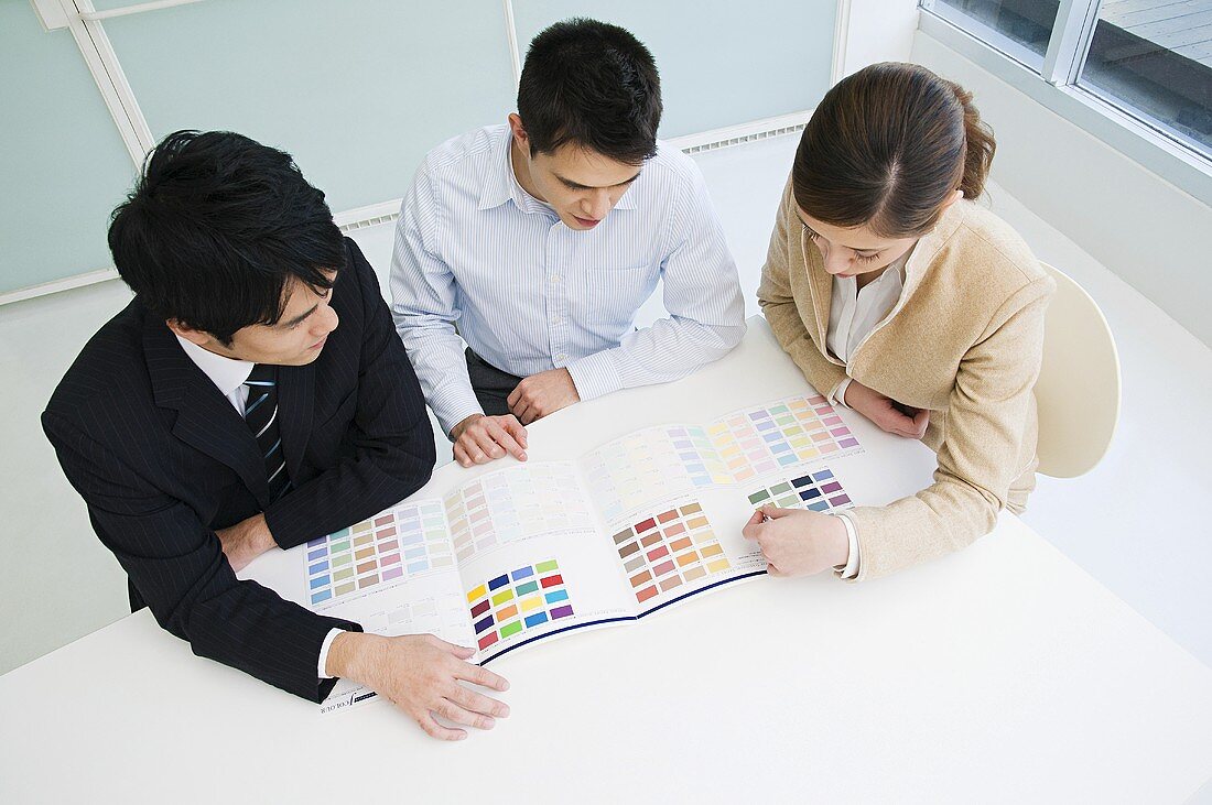 Businesspeople looking at a diagram