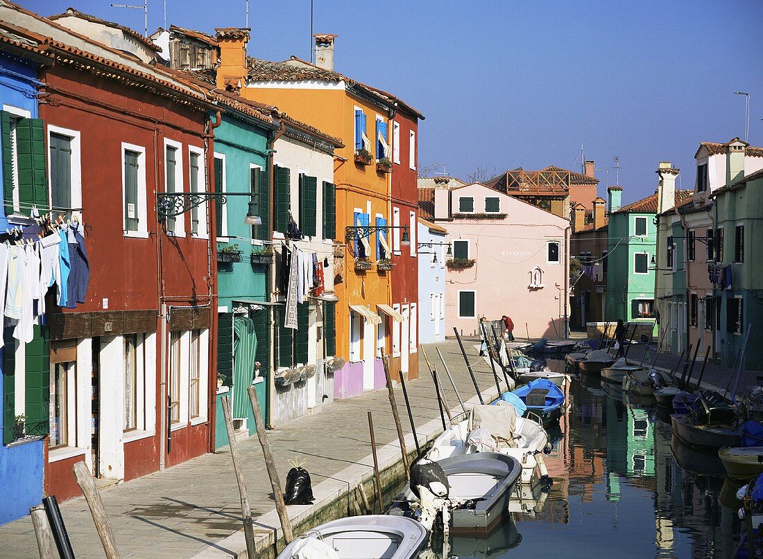 Colourful houses along a canal in Burano