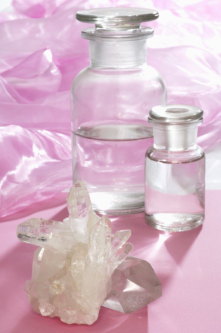 Quartz crystals and apothecary bottles