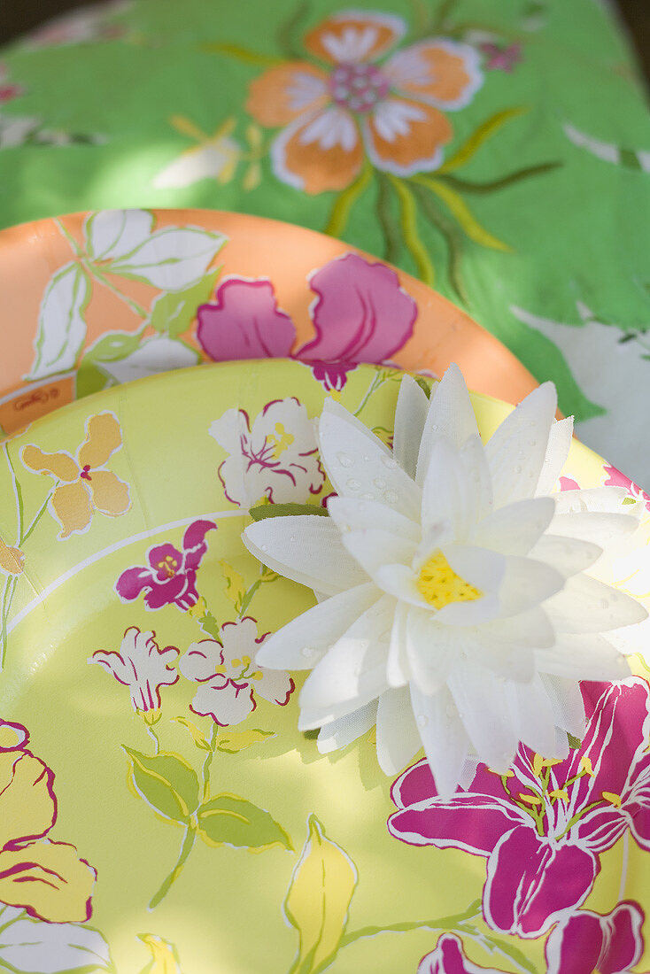 Summer party decorations: water lily, paper plates