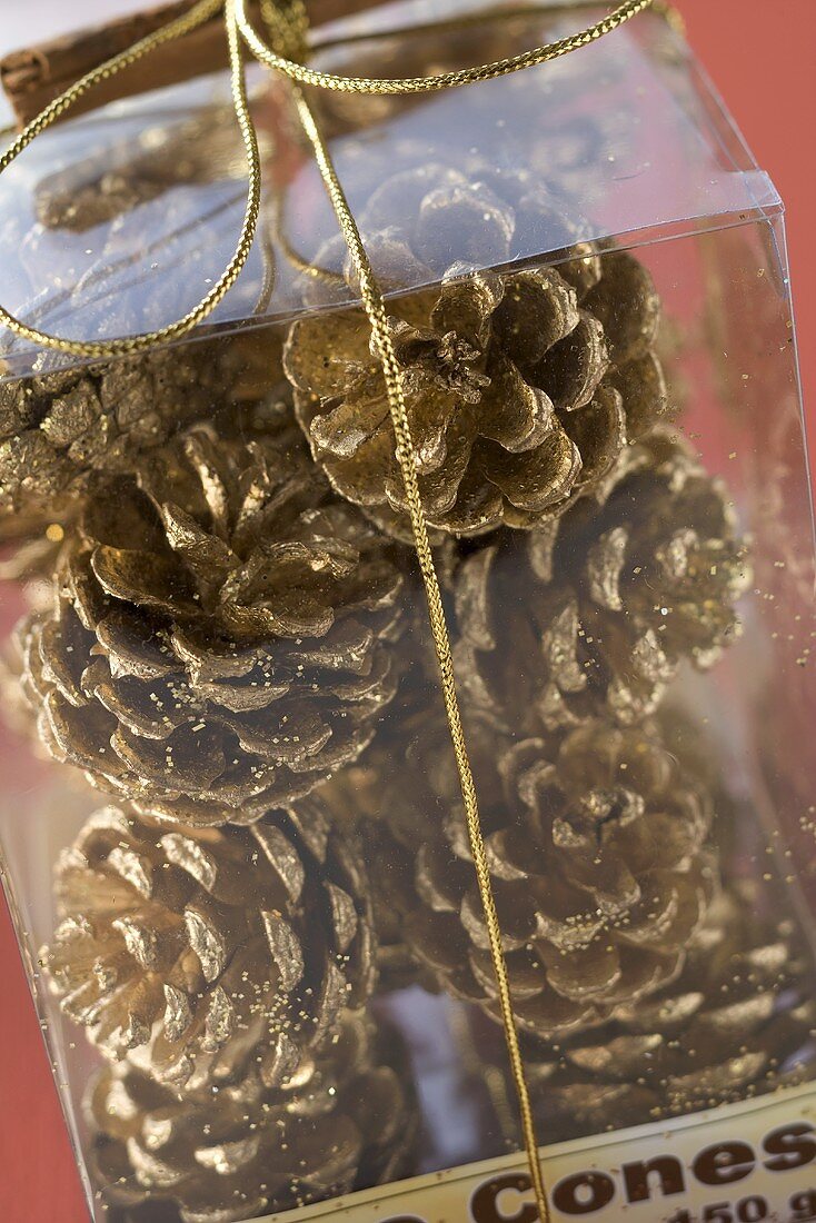 Pine cones in plastic box to give as a gift (close-up)