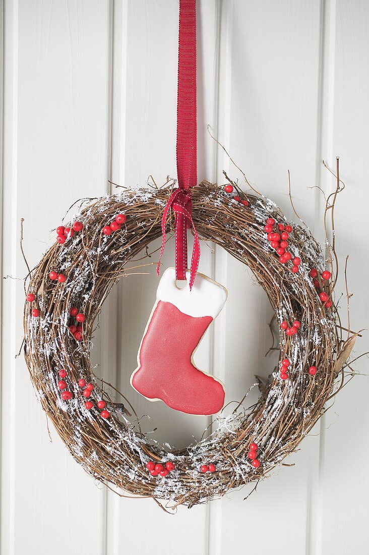 Christmas door wreath with red boot