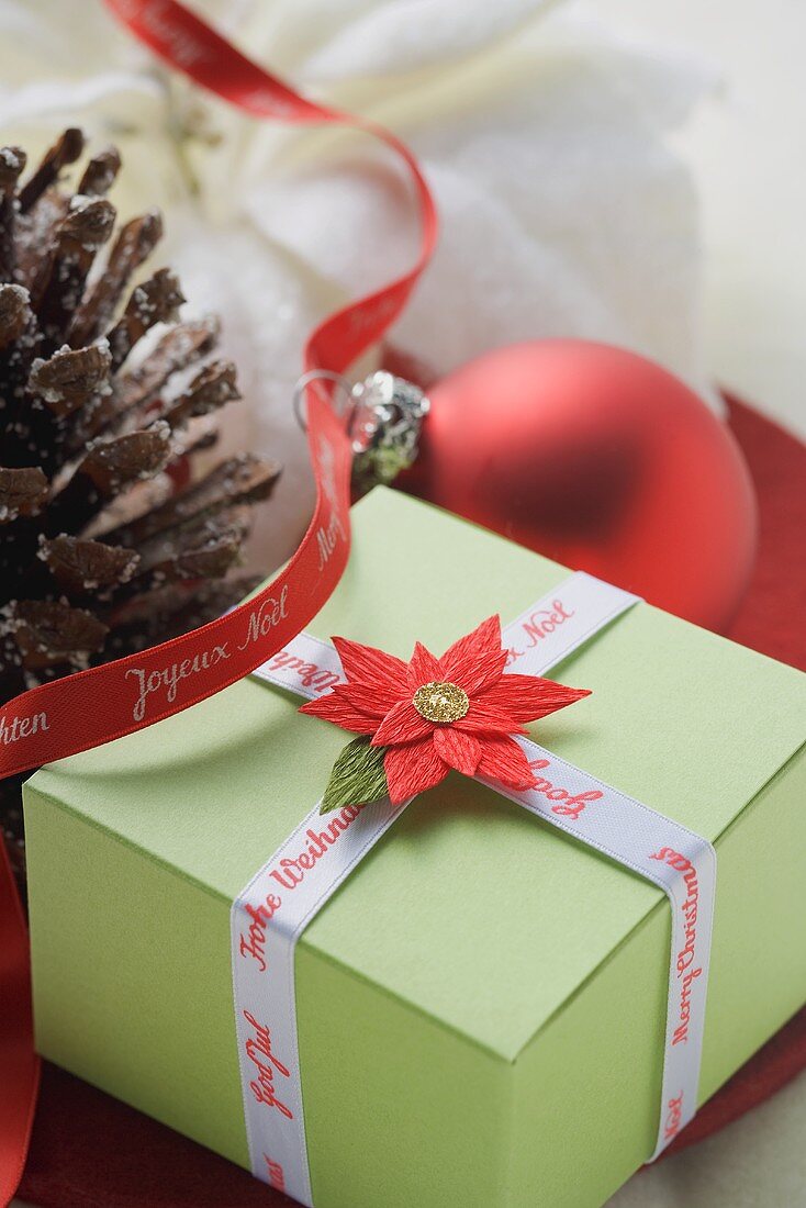 Weihnachtspaket, Christbaumkugel und Föhrenzapfen