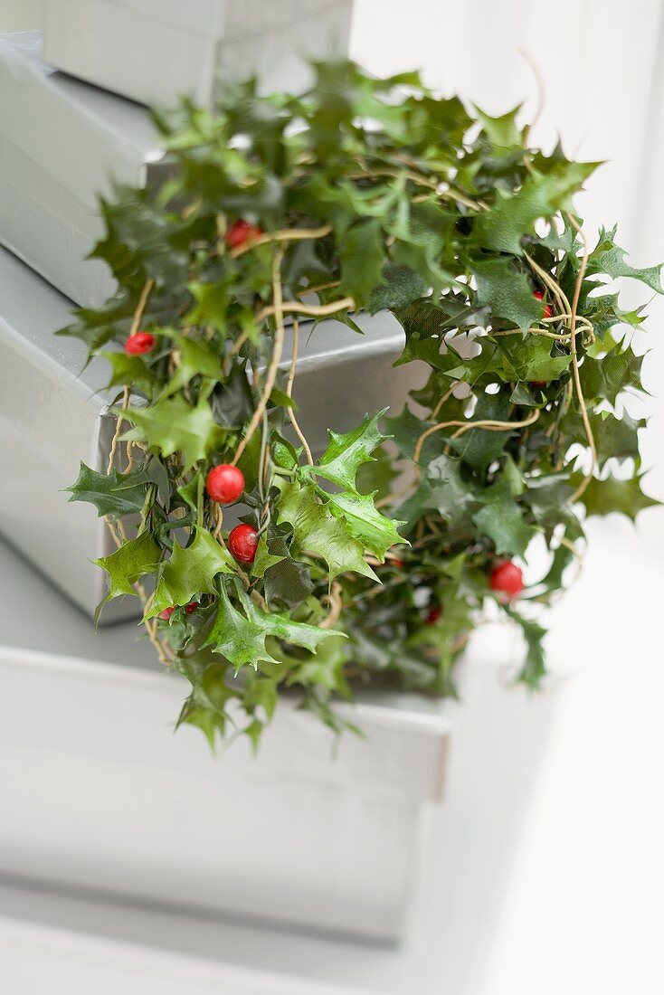 Christmas wreath and silver boxes