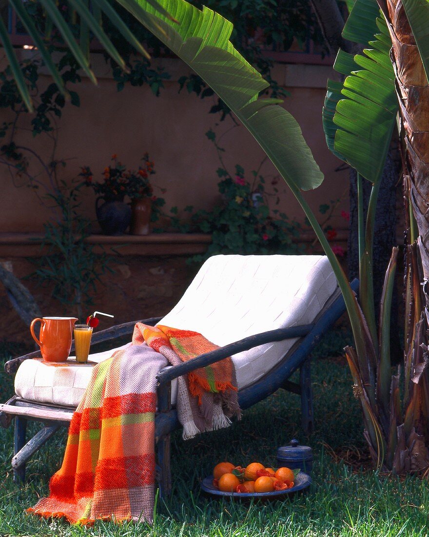 Deckchair with juice and oranges under palms