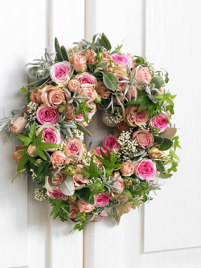Door wreath of roses, lavender and sage
