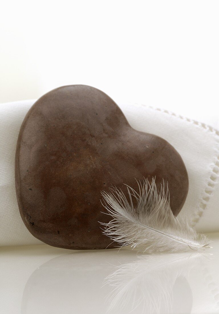 Brown heart-shaped stone and a feather